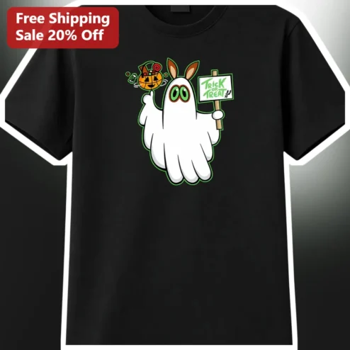 Trick or Treat Tee Cute Bunny Ghost Halloween Shirt Graphic T-Shirt