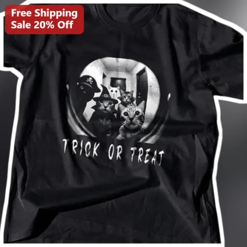 Trick or Treat Tee Halloween Cat Costume Graphic Shirt for Women Men Unisex