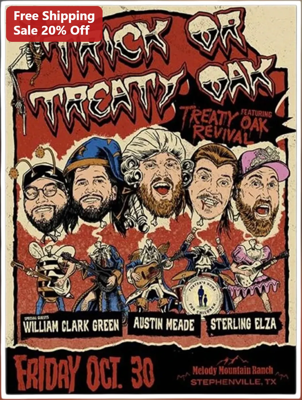 Trick or Treaty Poster Vintage Halloween Gig Art Print Country Rock Band Decor