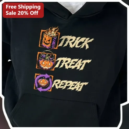Trick Treat Repeat Halloween Hoodie Funny Pumpkin Graphic Sweatshirt for Women Men