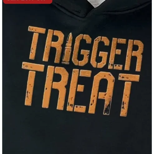 TRIGGER TREAT Hoodie Men Tactical Gun Humor Distressed Orange Stencil Black Sweatshirt