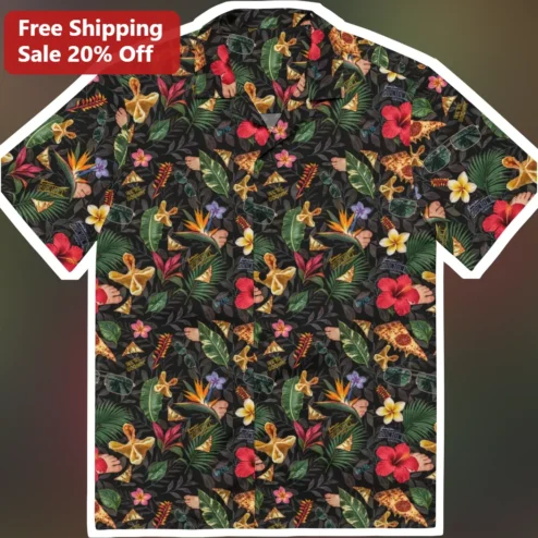 Tropical Hibiscus Collage Shirt Tee Black Floral Hawaiian Print Unisex