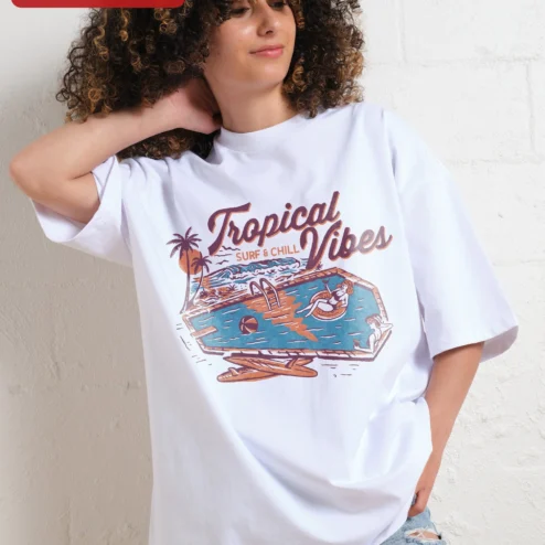 Tropical Vibes Surf Chill Graphic Tee Retro Beach Vacation Shirt for Men Women on a hanger, ready to ship from Chicago, Illinois