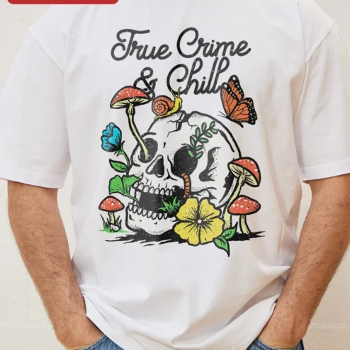 Customer in Chicago, Illinois wearing True Crime Chill Tee Skull and Mushrooms Graphic Shirt for True Crime Podcast Fans Gift
