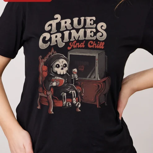 True Crimes And Chill Tee Grim Reaper Popcorn Wine Graphic Shirt for True Crime Fans