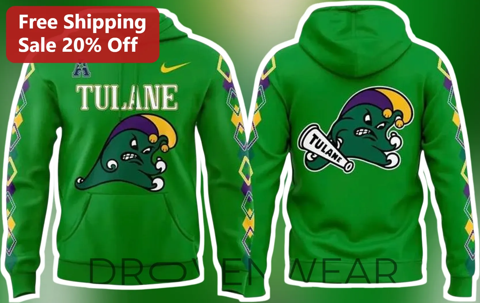 Tulane Green Wave University Logo Pullover Hoodie Collegiate Spirit Wear for Men Women