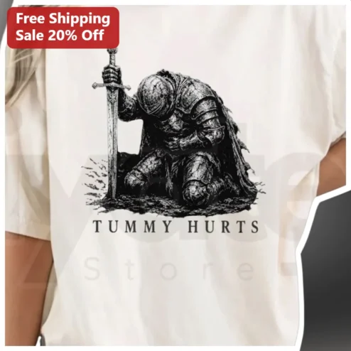Tummy Hurts Tee Medieval Knight Exhausted Warrior Vintage Engraving Graphic Shirt