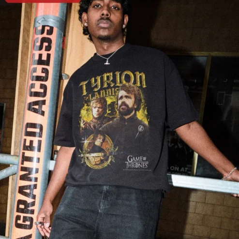 Close-up of Tyrion Lannister Game of Thrones Tee The Imp Peter Dinklage Vintage Graphic Shirt for Fantasy Fans for streetwear fans in Chicago, Illinois