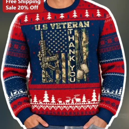 U.S Veteran Thank You Sweatshirt Patriotic Ugly Christmas Sweater Style Military Appreciation Gift for Veterans Day