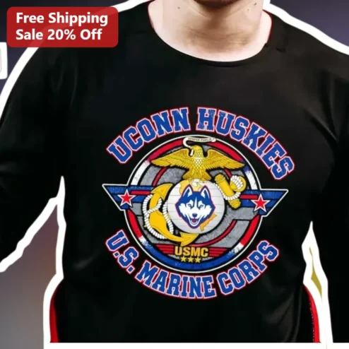UCONN Huskies USMC Marine Corps Distressed Vintage Graphic Tee Gift for Veterans and Alumni