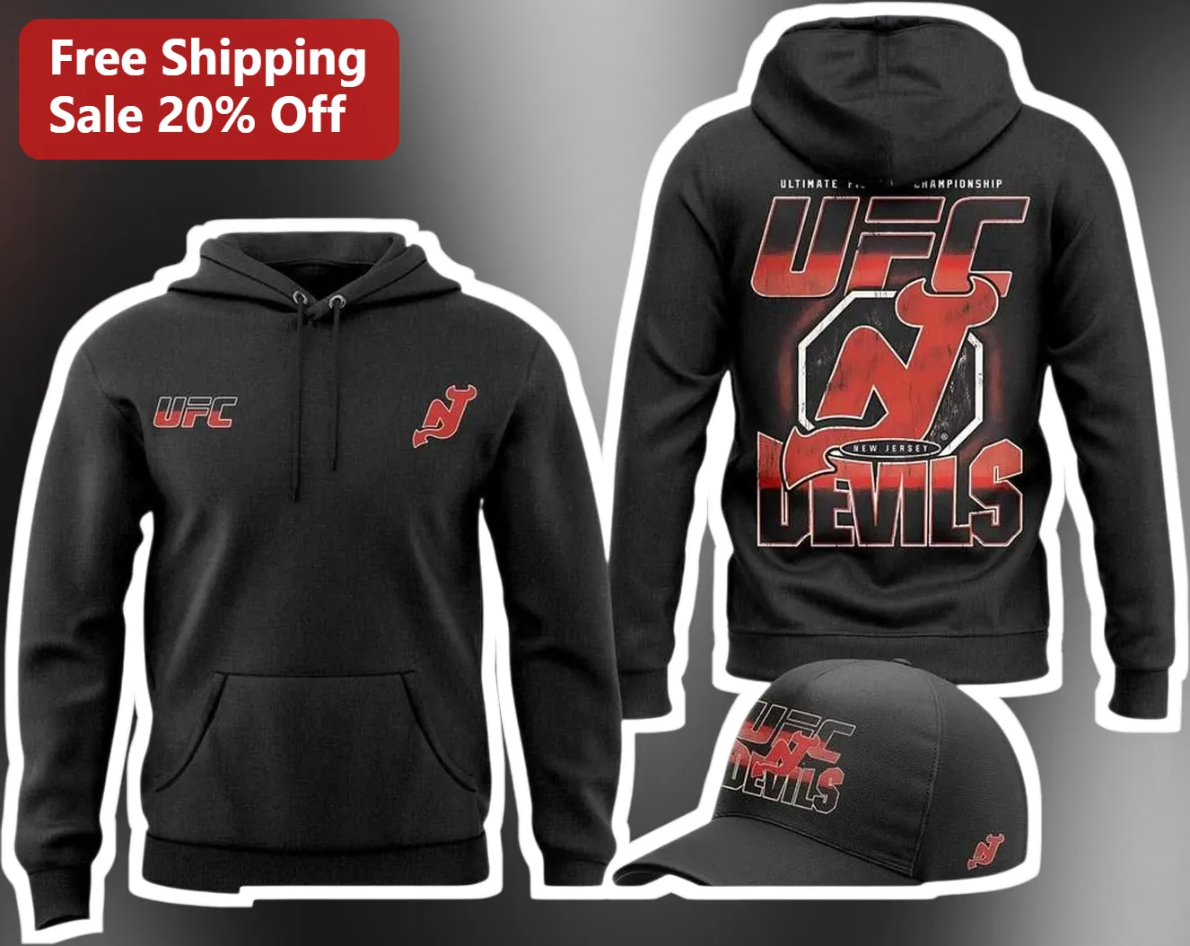 UFC New Jersey Devils Hoodie MMA Hockey Fan Apparel Black Pullover
