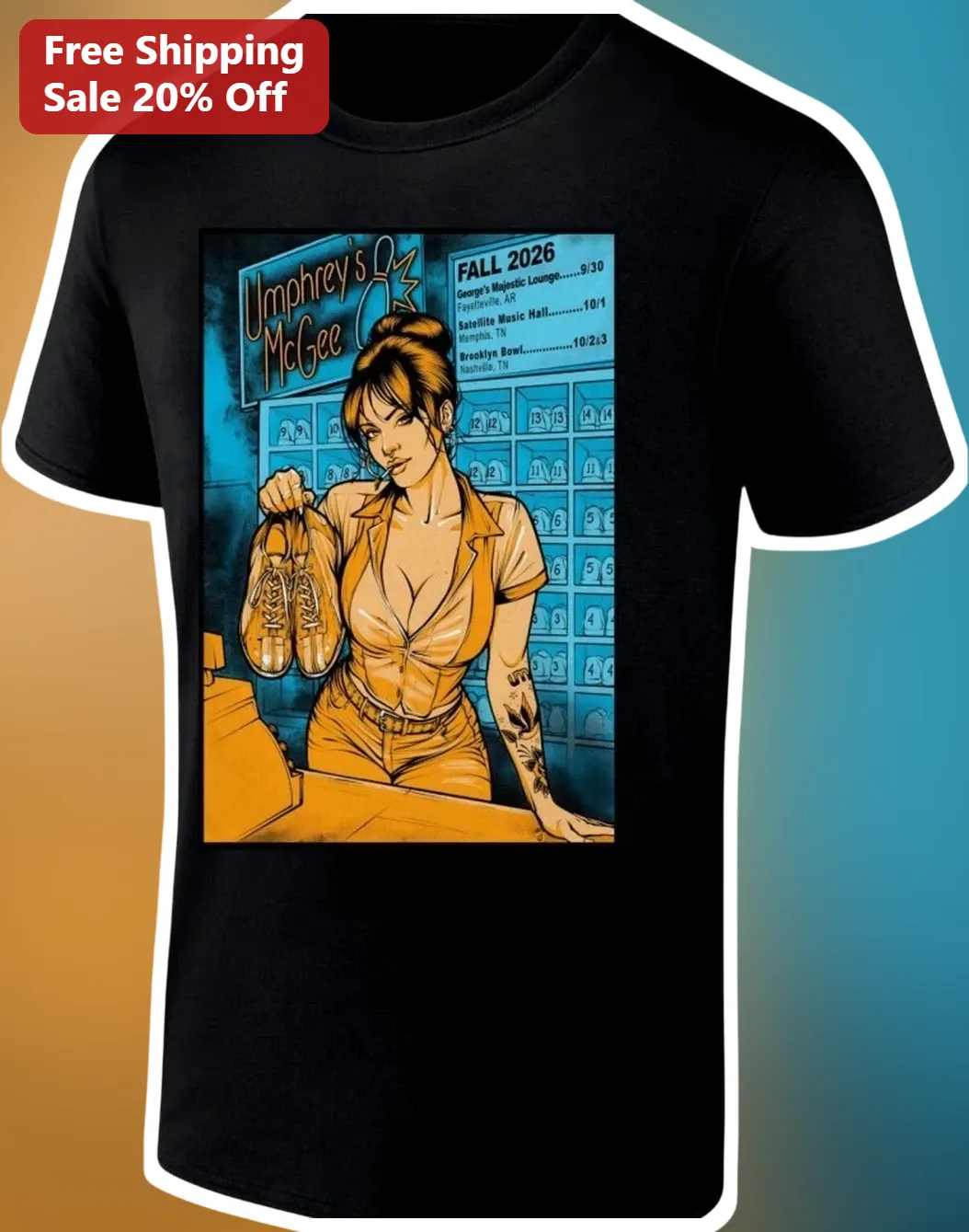 Umphrey's McGee Tee Retro Pin Up Girl Holding Ice Skates Jam Band Graphic Shirt