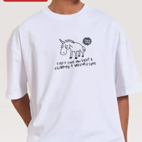 Unicorn Cigarette Shirt Funny Sarcastic Anti-Smoking Tee Dark Humor Graphic T-Shirt on a hanger, ready to ship from Chicago, Illinois