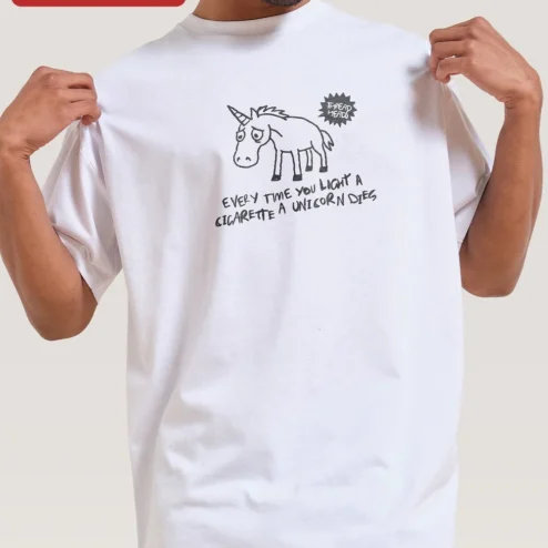 Unicorn Dies Every Time You Light A Cigarette Sarcastic Graphic Tee Anti Smoking Gag Gift on a hanger, ready to ship from Chicago, Illinois