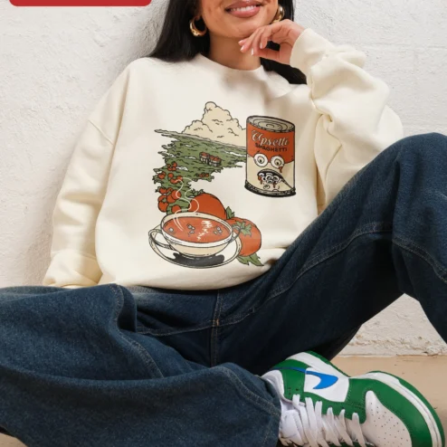 Upsetti Spaghetti Sweatshirt Retro Cartoon Crying Sauce Can Funny Meme Gift on a hanger, ready to ship from Chicago, Illinois