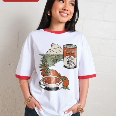 Customer in Chicago, Illinois wearing Upsetti Spaghetti Tee Funny Italian Food Meme Graphic Shirt for Men