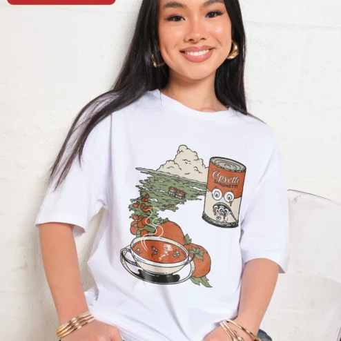 Close-up of Upsetti Spaghetti Tee Funny Italian Food Meme Graphic Shirt for Men for streetwear fans in Chicago, Illinois