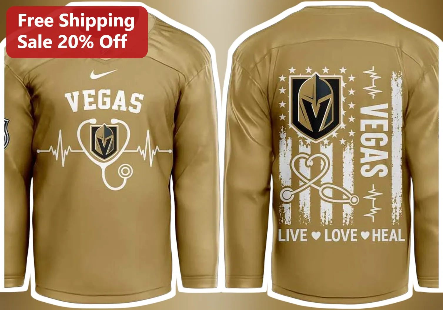 Vegas Live Love Heal Jersey Gold Long Sleeve NHL Healthcare Worker Fan Gear