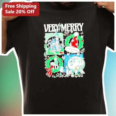 VERY MERRY Tee Disney Christmas Graphic Shirt with Cinderella Castle and Olaf