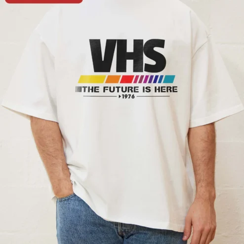 Customer in Chicago, Illinois wearing VHS The Future Is Here 1976 Retro Tech Graphic Tee