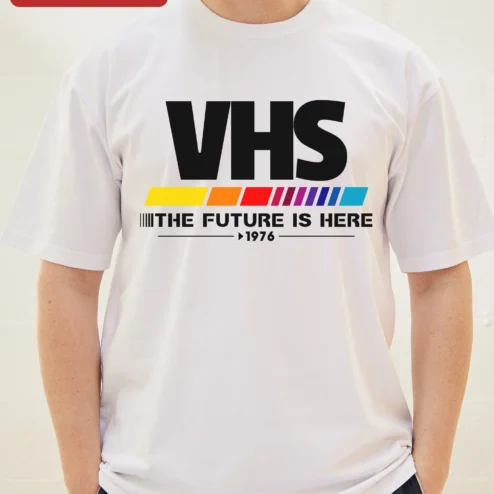 Close-up of VHS The Future Is Here 1976 Retro Tech Graphic Tee for streetwear fans in Chicago, Illinois