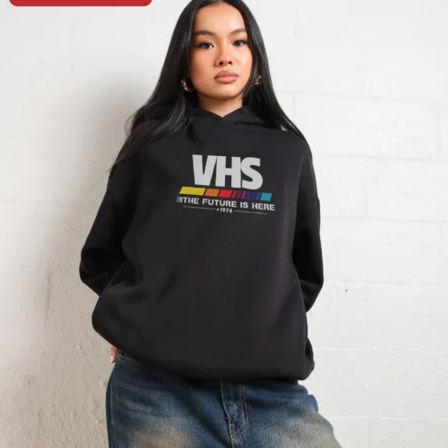 Close-up of VHS The Future Is Here Retro Hoodie, Vintage Analog Tech Vaporwave Glitch Art Pullover for Men Women for streetwear fans in Chicago, Illinois