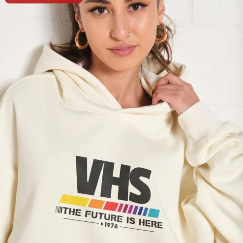 Close-up of VHS The Future Is Here Retro Hoodie, Vintage Analog Tech Vaporwave Glitch Art Pullover for Men Women for streetwear fans in Chicago, Illinois