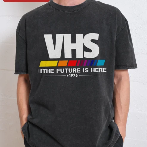 VHS The Future Is Here Retro Tech Graphic Tee Vintage 80s Nostalgia Acid Wash Shirt