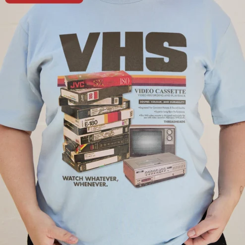 Close-up of VHS Vintage Tape Retro Nostalgia Graphic Tee for Men Women Unisex Cotton Shirt for streetwear fans in Chicago, Illinois