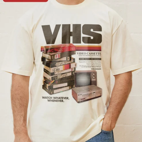 Customer in Chicago, Illinois wearing VHS Vintage Tape Retro Nostalgia Graphic Tee for Men Women Unisex Cotton Shirt