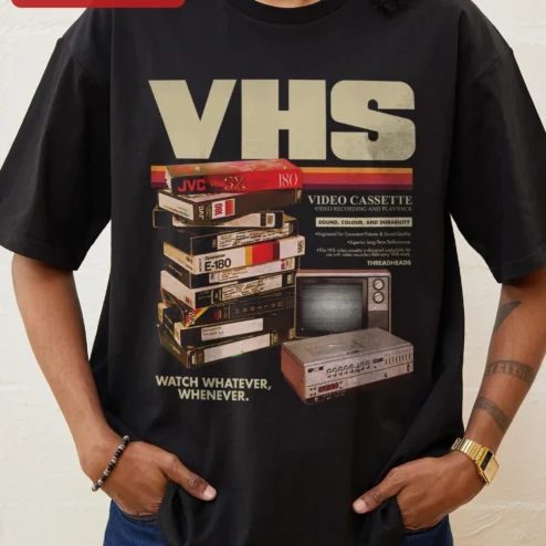 Close-up of VHS Vintage Tape Retro Nostalgia Graphic Tee for Men Women Unisex Cotton Shirt for streetwear fans in Chicago, Illinois