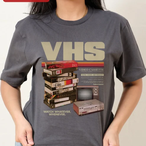 Close-up of VHS Vintage Tape Retro Nostalgia Graphic Tee for Men Women Unisex Cotton Shirt for streetwear fans in Chicago, Illinois