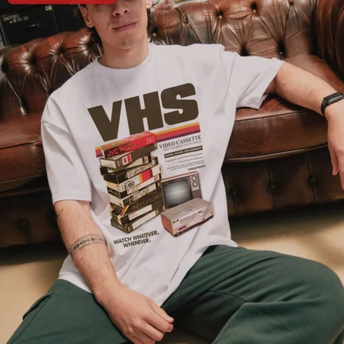 Close-up of VHS Vintage Tape Retro Nostalgia Graphic Tee for Men Women Unisex Cotton Shirt for streetwear fans in Chicago, Illinois