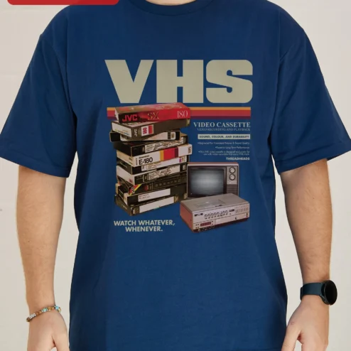 Customer in Chicago, Illinois wearing VHS Vintage Tape Retro Nostalgia Graphic Tee for Men Women Unisex Cotton Shirt