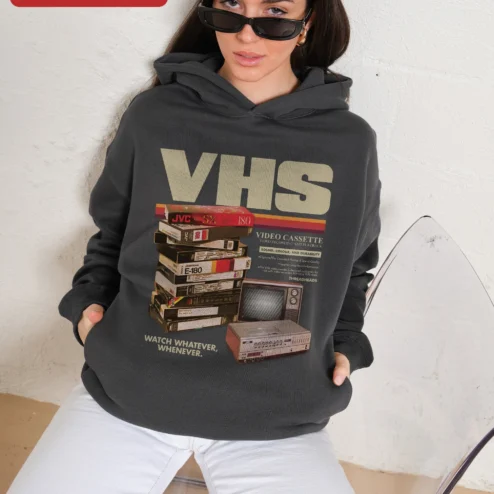Customer in Chicago, Illinois wearing VHS Watch Whatever Whenever Retro Horror Hoodie
