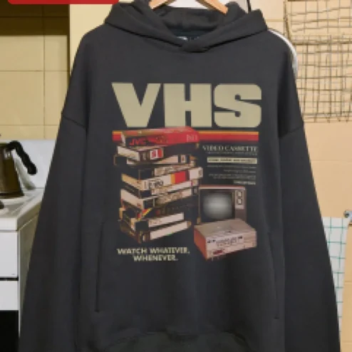 Close-up of VHS Watch Whatever Whenever Retro Horror Hoodie for streetwear fans in Chicago, Illinois