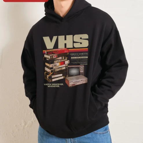 Customer in Chicago, Illinois wearing VHS Watch Whatever Whenever Retro Horror Hoodie