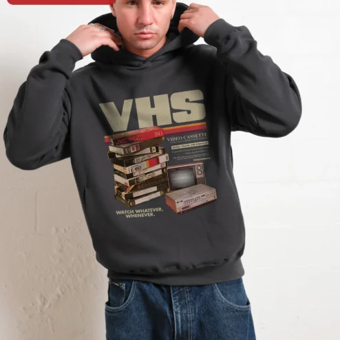 Close-up of VHS Watch Whatever Whenever Retro Horror Hoodie for streetwear fans in Chicago, Illinois