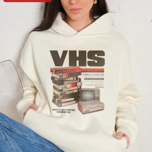 Customer in Chicago, Illinois wearing VHS Watch Whatever Whenever Retro Horror Hoodie