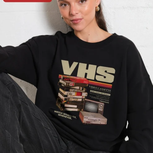 Close-up of VHS Watch Whatever Whenever Retro Nostalgia Sweatshirt for streetwear fans in Chicago, Illinois