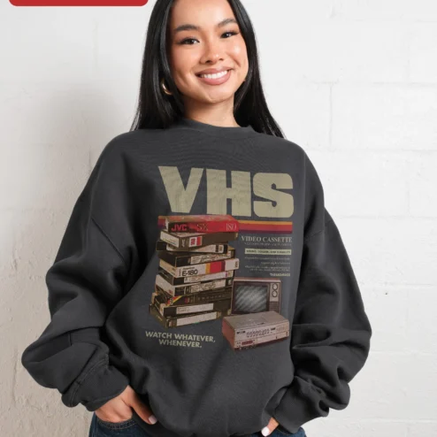 Customer in Chicago, Illinois wearing VHS Watch Whatever Whenever Retro Nostalgia Sweatshirt