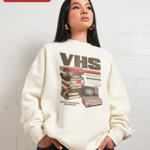 Close-up of VHS Watch Whatever Whenever Retro Nostalgia Sweatshirt for streetwear fans in Chicago, Illinois