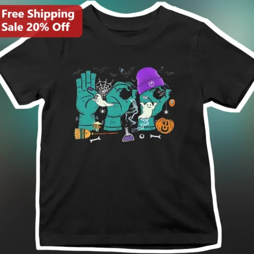 Vibe Tee Halloween Frankenstein Hand OK Sign Graphic T-Shirt Spooky Cute Gift