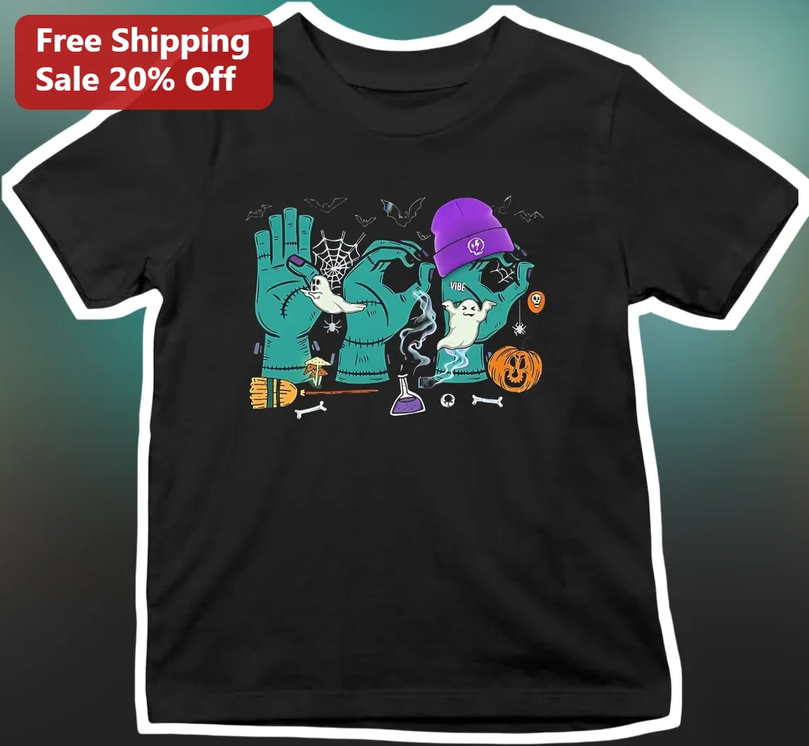 Vibe Tee Halloween Frankenstein Hand OK Sign Graphic T-Shirt Spooky Cute Gift