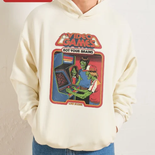 Video Games Rot Your Brains Low Score Hoodie Retro Zombie Arcade Graphic Pullover for Men on a hanger, ready to ship from Chicago, Illinois