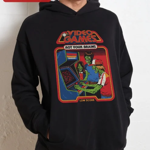 Customer in Chicago, Illinois wearing Video Games Rot Your Brains Low Score Hoodie Retro Zombie Arcade Graphic Pullover for Men
