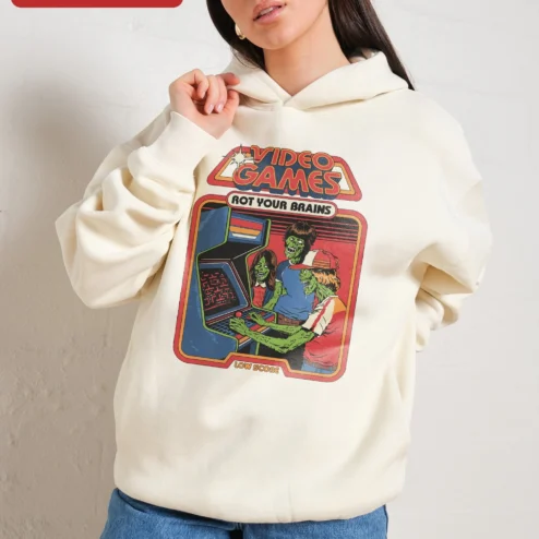 Close-up of Video Games Rot Your Brains Low Score Hoodie Retro Zombie Arcade Graphic Pullover for Men for streetwear fans in Chicago, Illinois