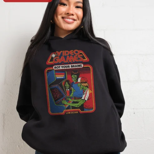 Video Games Rot Your Brains Low Score Hoodie Retro Zombie Arcade Graphic Pullover for Men