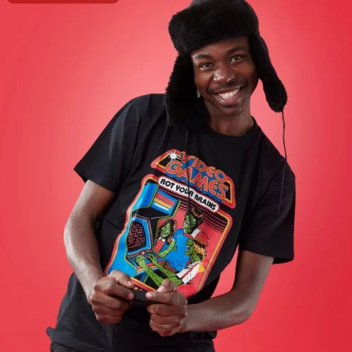 Video Games Rot Your Brains Tee Retro Zombie Arcade Gamer Humor Shirt on a hanger, ready to ship from Chicago, Illinois
