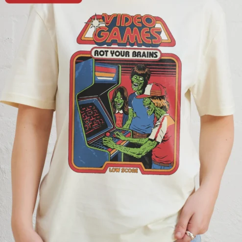 Close-up of Video Games Rot Your Brains Tee Retro Zombie Arcade Gamer Humor Shirt for streetwear fans in Chicago, Illinois
